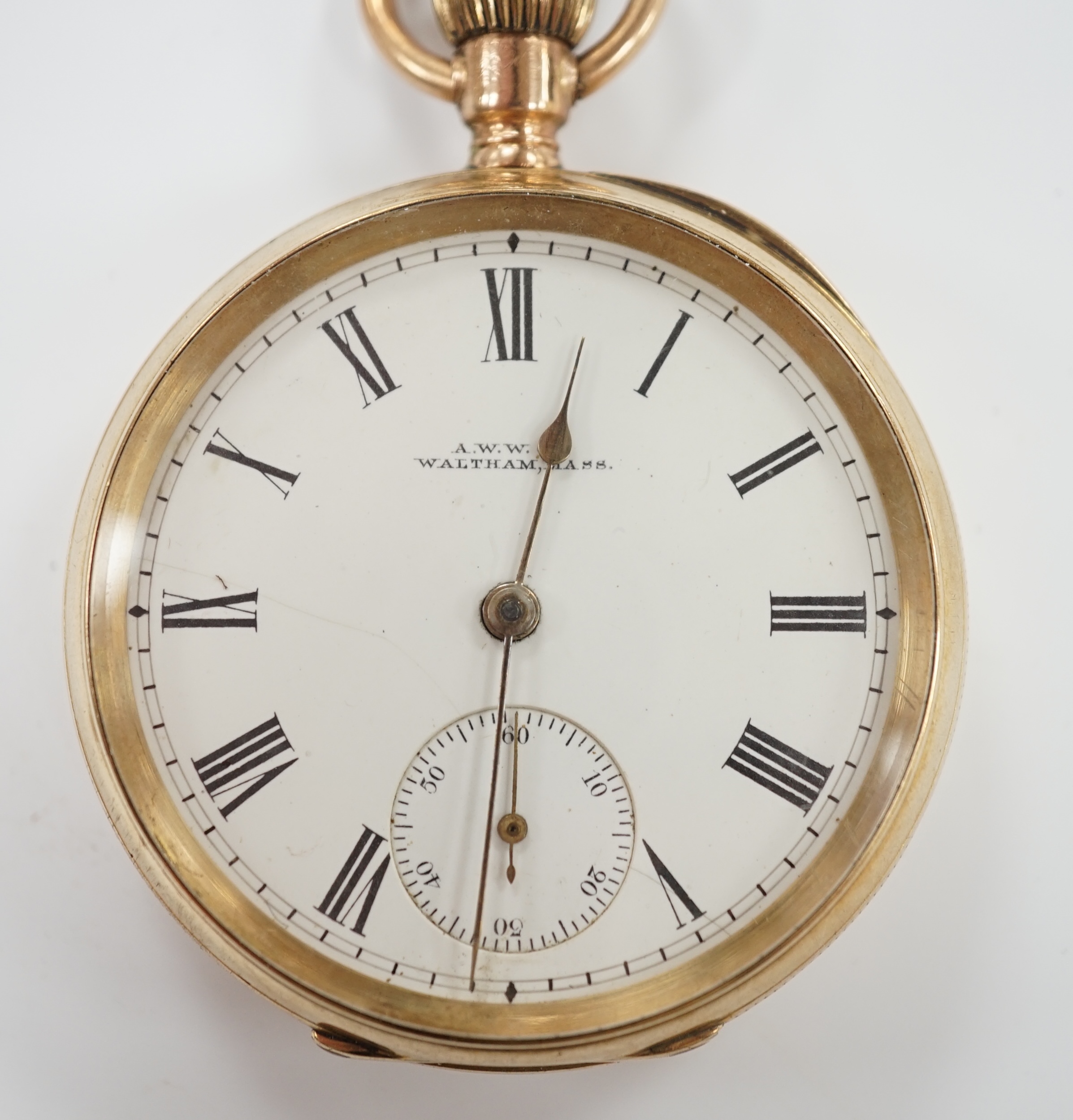 An early 20th century Waltham 9C open face keyless pocket watch, with Roman dial and subsidiary seconds, case diameter 50mm, gross weight 88.9 grams.